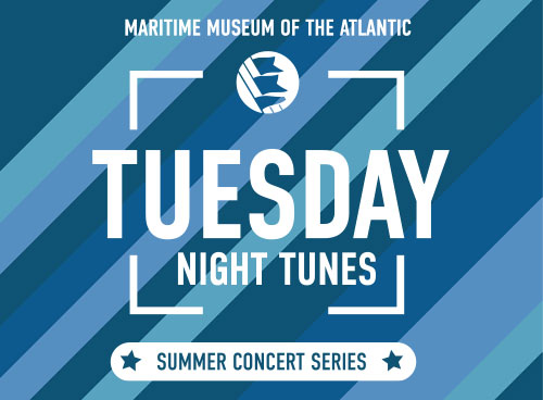 Graphic with text Tuesday Night Tunes - Summer Concert Series and blue stripes.