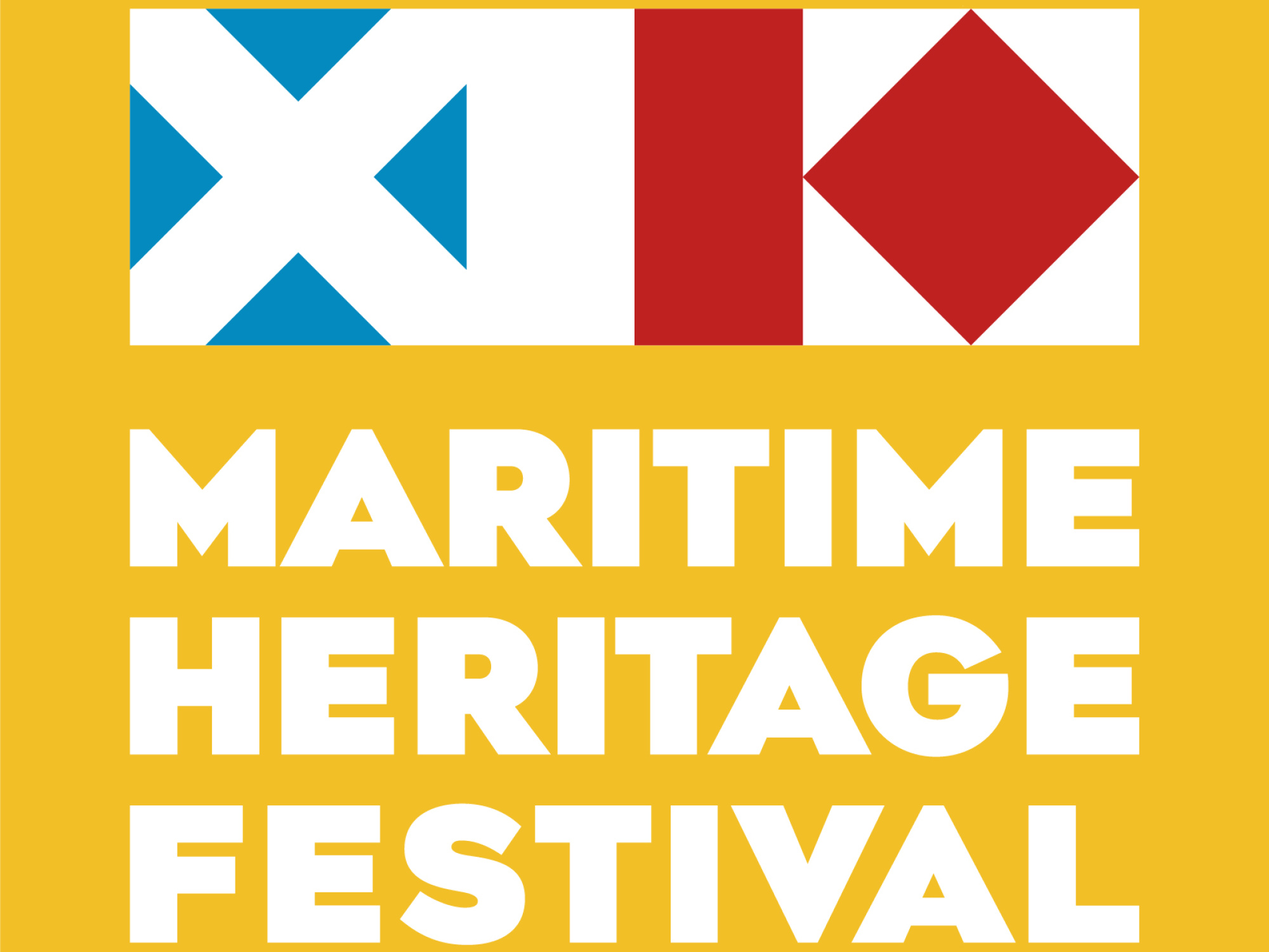  A stacked logo for the "Maritime Heritage Festival." The top element is a rectangular box with three sections. The left section has a blue St. Andrew's cross on a white background. The middle section is a solid red vertical rectangle on a white background. The right section is a solid red diamond on a white background. Below this box, the words "MARITIME HERITAGE FESTIVAL" are stacked in three lines in a bold, white sans-serif font, all on a solid yellow background.