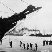 Sealers haul their ships through icy seas