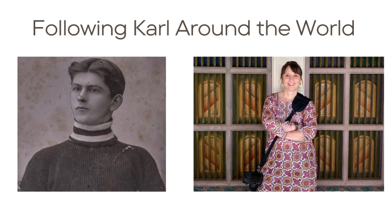 Text Following Karl around the world and an image of Karl Creelman and Louise Trotter.  and 