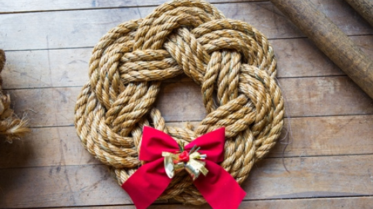 Nautical Wreath made from natural rope with a red bow.